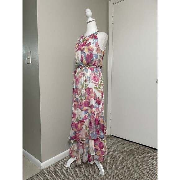 Calvin Klein Maxi Dress  8 Pink Floral Chiffon Long Fairy Cocktail Halter Tiered - Picture 5 of 16